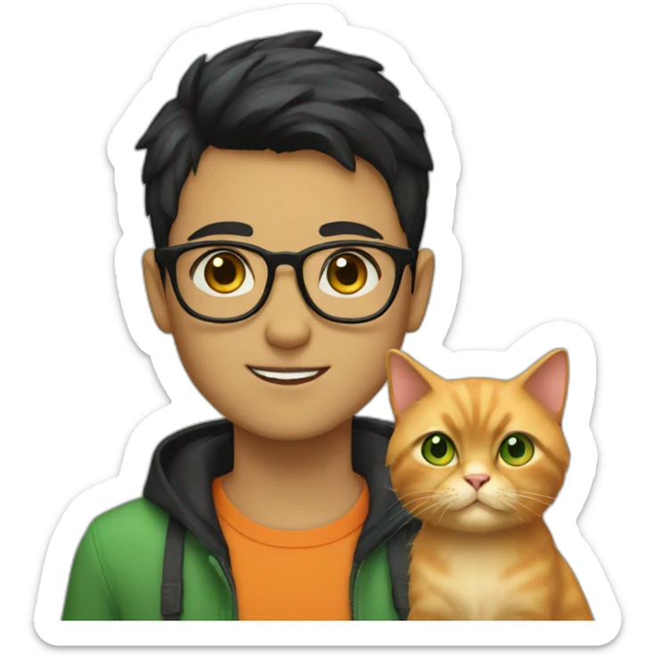 Boy with green eyes, glasses, with black short hair, with orange Persian cat sticker