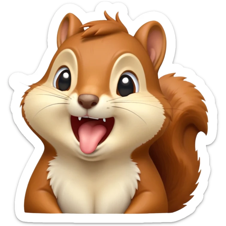 cinematic-cute-yawning squirrel-portrait-emoji,-head-tilted-playfully-and-inquisitively,-featuring-a-fluffy,-vibrant-auburn-fur-with-a-delicate-cream-belly-and-a-bushy-tail,wide-open yawn, revealing a soft grey  -round,-sparkling-eyes-filled-with-curious-mischief, sticker