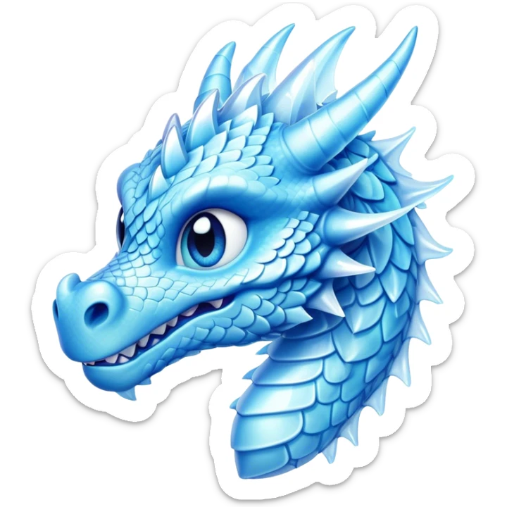 Cinematic Cute Beautiful Ice Dragon Portrait Emoji, Head tilted playfully and inquisitively, featuring a sleek, glacial form with intricately detailed, frost-kissed scales in shimmering blues and sparkling silver, accented by delicate ice crystal patterns and a gentle, enchanting glow; rendered with lifelike clarity and soft, natural light, high shine, charming and cool, styled with a touch of wintry fantasy, soft glowing outline, capturing the essence of a mischievous yet endearing ice guardian poised to twirl playfully into your dreams! sticker