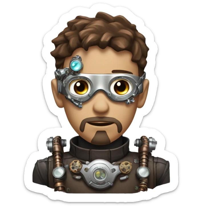 male cyborg head with brown short hair, brown beard, silver steampunk goggles and circuitry sticker