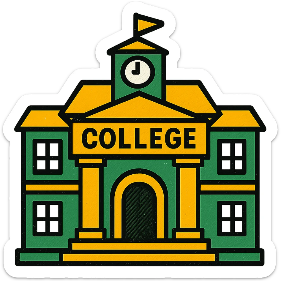 college building, professional style, green gold and white color scheme, bold and clear, suitable for digital use sticker
