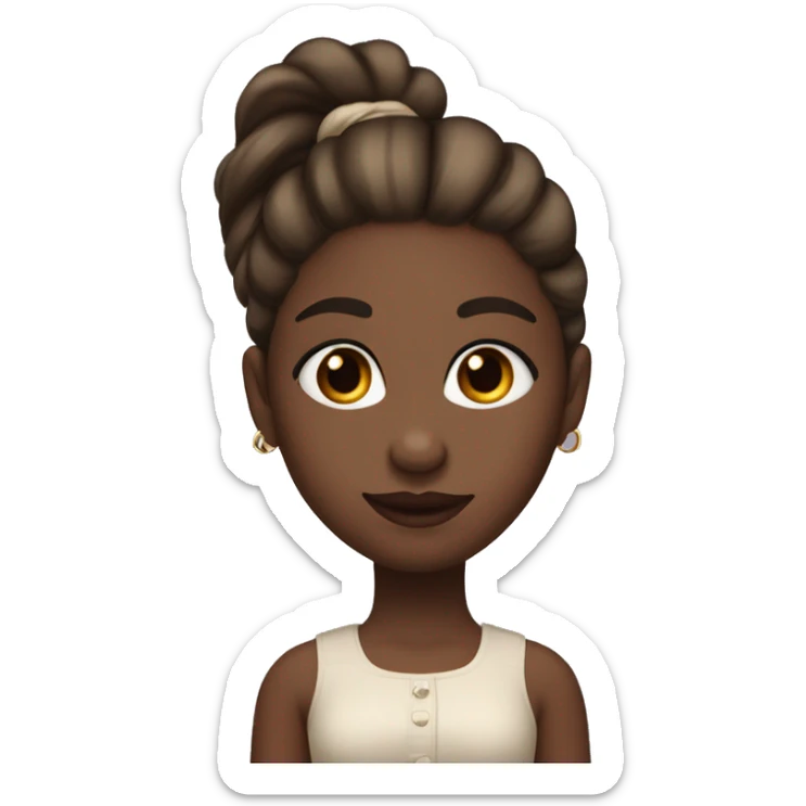 Dark-skinned girl with beautiful plump red lips, big brown eyes with long lush lashes, with a small nose. Her hair is tied in a pony tail, dark blonde sticker