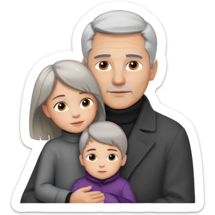 A father with silver-grey hair styled neatly and a clean-shaven face, wearing a dark turtleneck and wool coat, holding his girl child gently. The child has light brown hair and a soft white dress. Warm cinematic lighting, emotional close-up. sticker