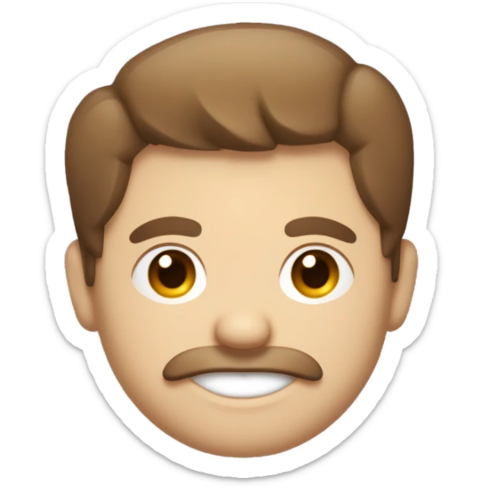 a chubby, round faced caucasian man smiling with dark brown hair, mustache and short beard, smiling mischeiviously with little devil horns barely visible poking up from under the hair. sticker