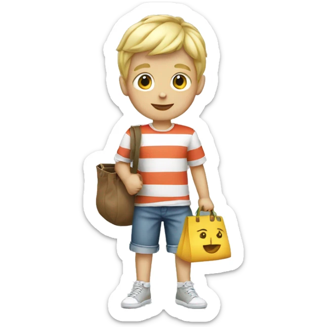 Blonde boy wearing striped shirt with a bag of money sticker