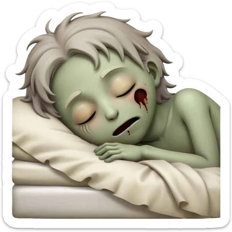 Meme-Worthy Cute Sleeping Zombie Portrait Emoji, with a delightfully quirky, slightly disheveled decaying face in soft ashen hues, head tilted back in peaceful, relaxed sleep with softly closed eyes and a tiny, endearing smile, simplified yet irresistibly charming, highly detailed with a soft eerie glowing outline that captures the gentle, unexpected cuteness of a zombie in serene repose! sticker