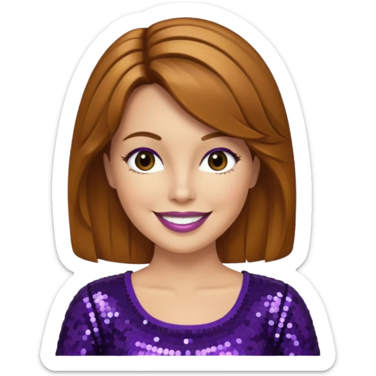 Lee Purcell with medium golden brown hair, dark purple sequin outfit sticker