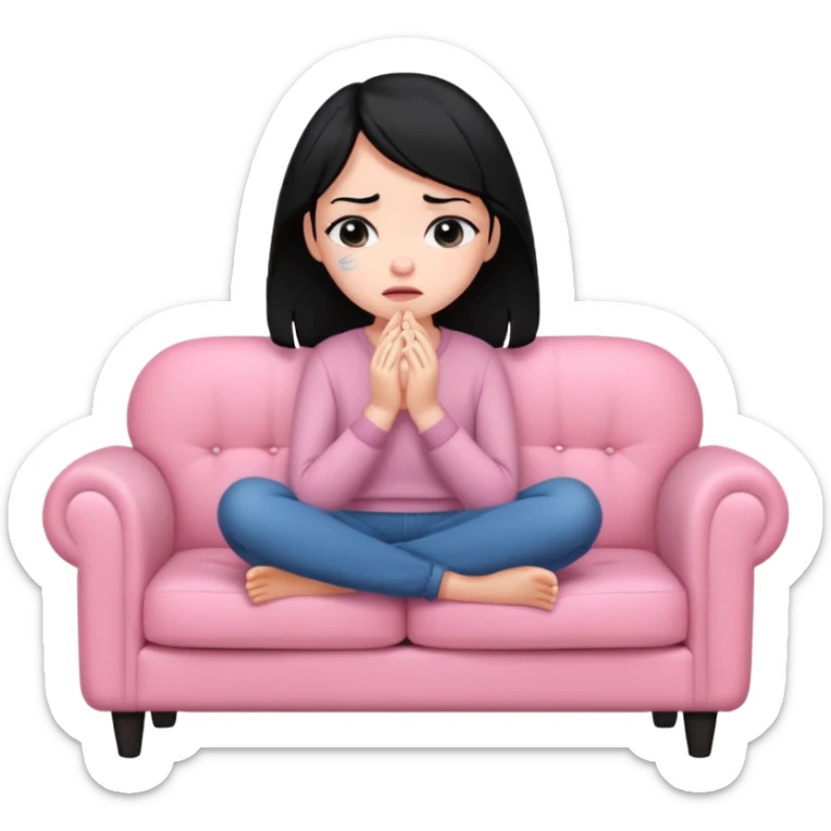 sad white girl with black hair crying on the cozy pink couch  sticker