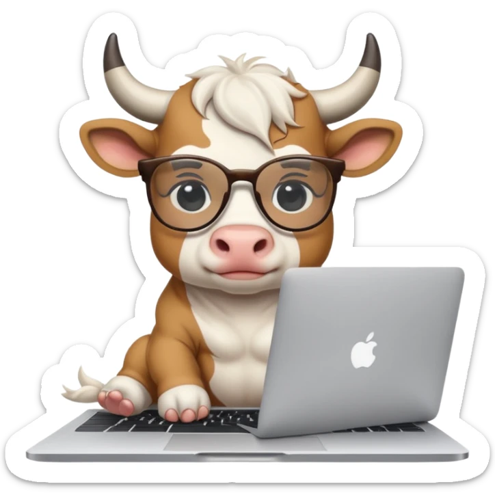 baby white bull in fancy glasses sitting in front of a macbook, working  sticker