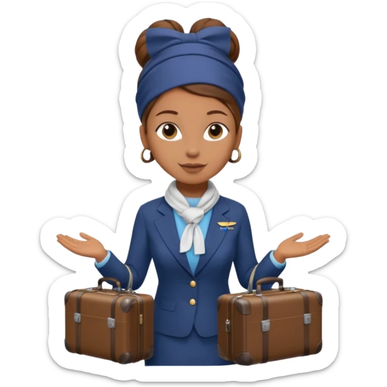 flight attendant, Light Brown skin, brown hair in single bun, neck scarf, suitcase sticker