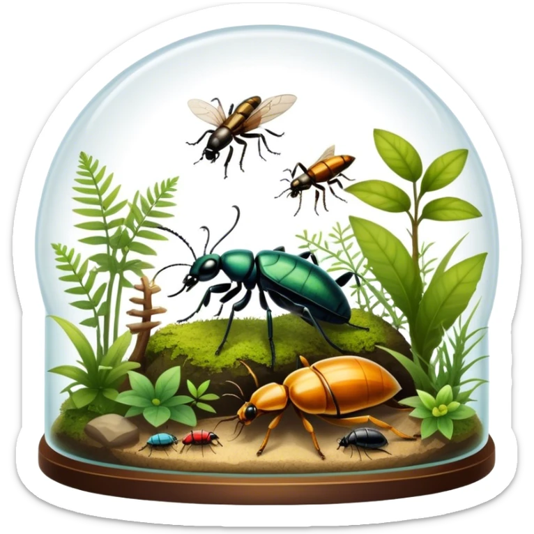 Close-up of home insects inside a terrarium, showcasing beetles, praying mantises, and other exotic species in vivid detail, with natural textures of the terrarium. Soft lighting highlights their features. Transparent background. sticker
