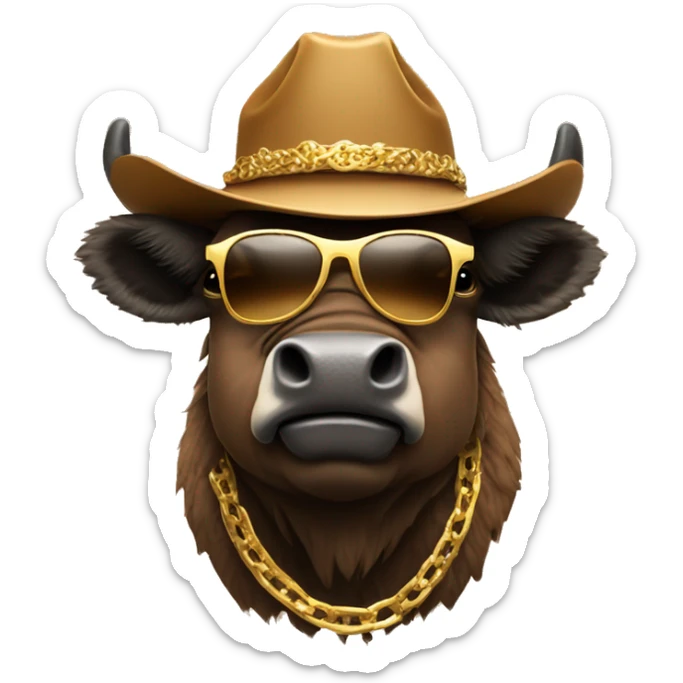 Brown Bison wearing cowboy hat and gold sunglasses and gold chain sticker