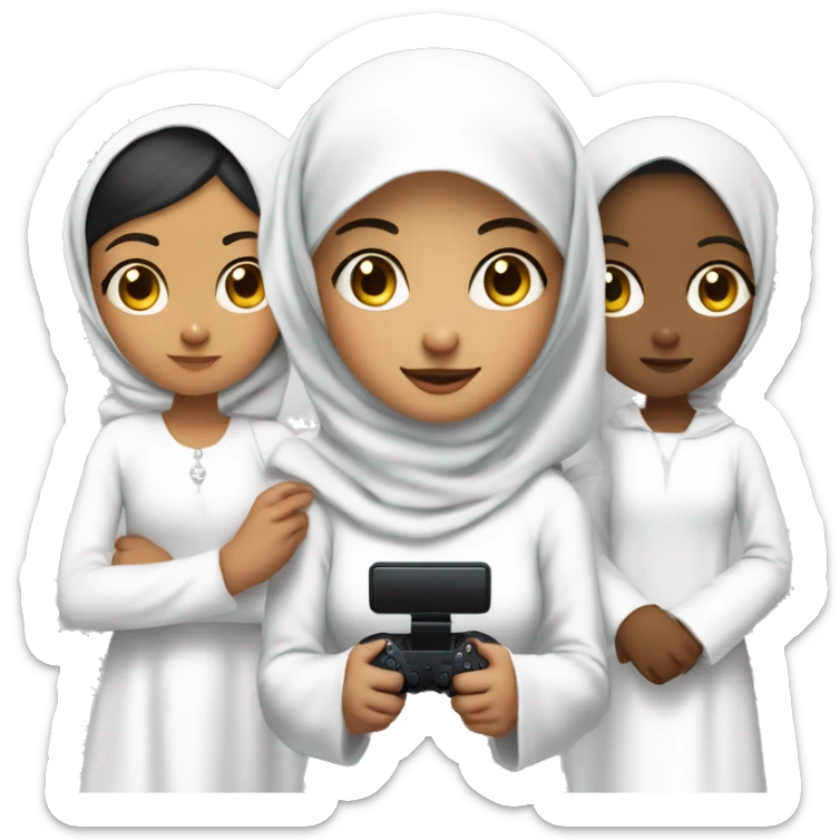 an olive skinned woman wearing hijab with white hijab and white long formal clothes. with black eye and big eye small nose small mouth with a bit long chin . with her nephew and niece . holding a controller playstation. so many actions family members  sticker
