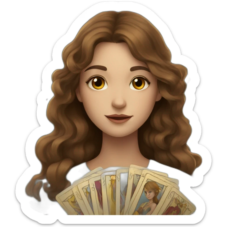 A wavy brown haired girl with a deck of tarot cards with golden star sticker