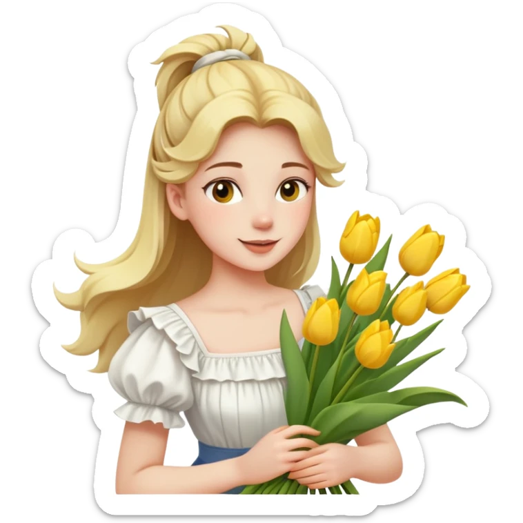  A girl with a half-up half-down hairstyle, and a white ruffled top, enjoying the spring breeze.Holding a bundle of yellow tulips sticker