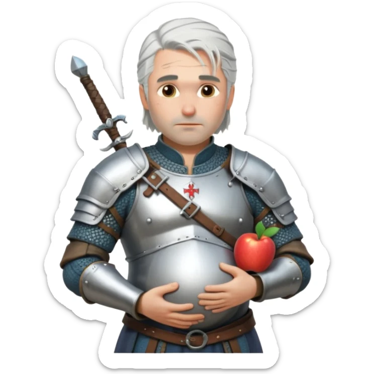 Geralt of Rivia holding pregnant belly, silver hair, medieval armor, whimsical expression, Apple emoji style sticker