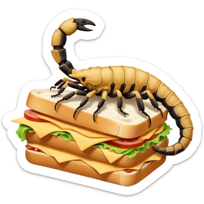 MAKE A SCORPION ON TOP OF A EHITE FLUFFY CLOUD THAT IS HOLDING A SANDWICH IN ITS CLAW AND LOOKING LIKE ITS EATING IT sticker