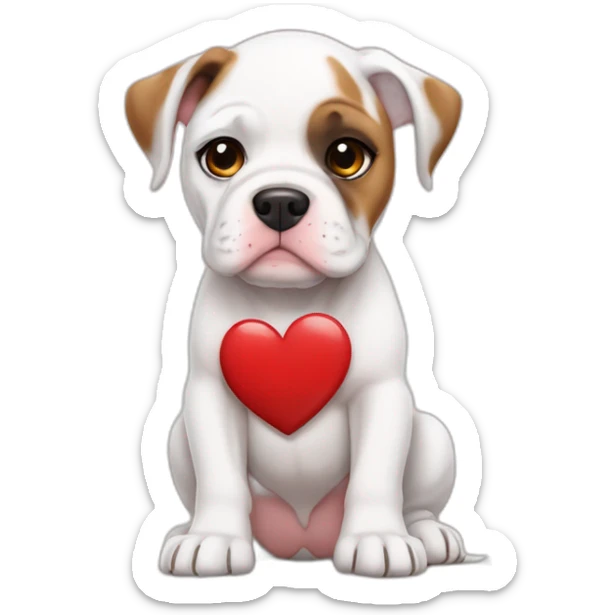 Sad White American bulldog puppy with a brown patch on her left eye holding a heart that says Randy sticker