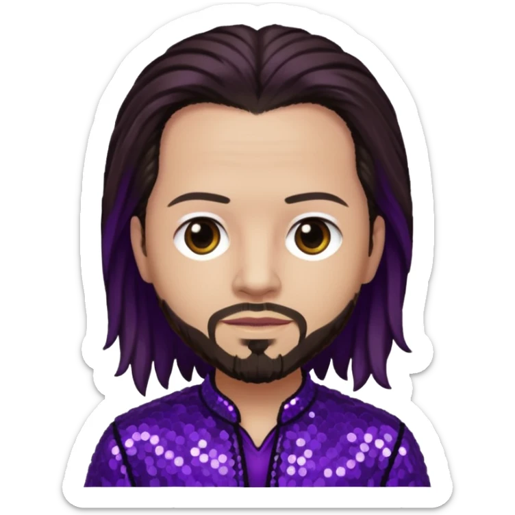 Jonathan Davis from Korn with long dark brown hair, light skin, purple sequin outfit sticker