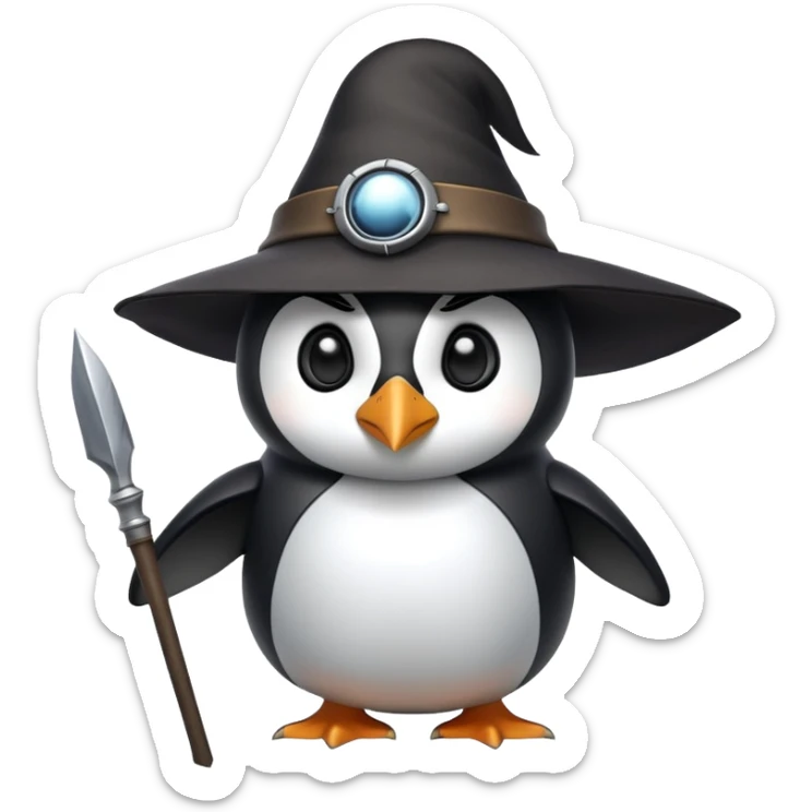 Penguin dressed as Odin with one eye, wearing a wide-brimmed hat and holding a spear sticker