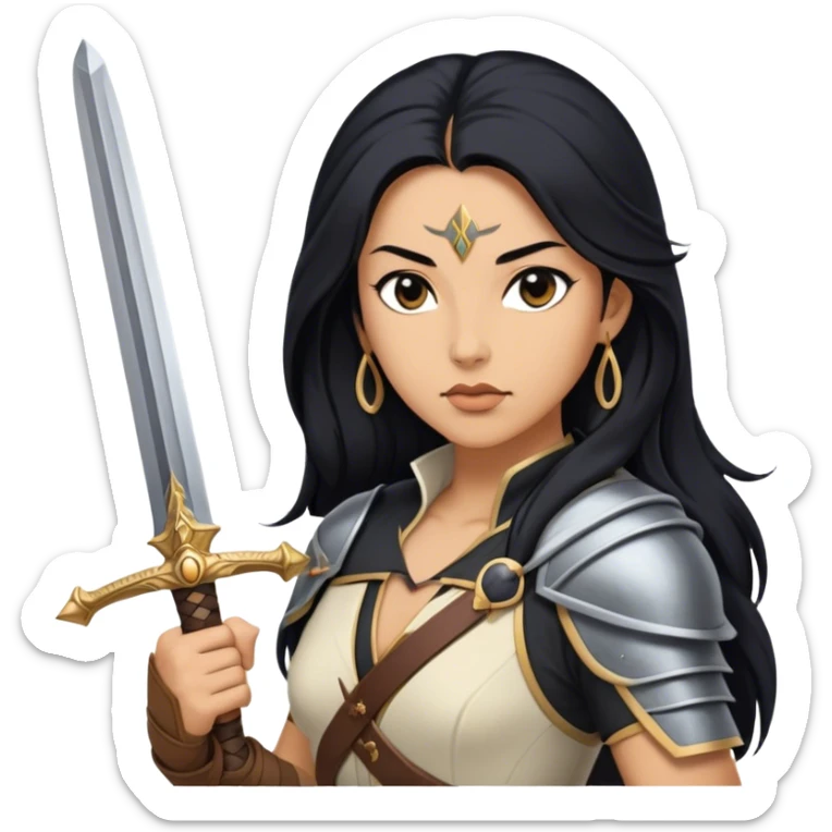 Cinematic Realistic Mulan Portrait, depicted with lifelike skin texture, soft natural lighting, and intricately detailed long black hair styled elegantly. Her deep, expressive eyes exude determination and grace, complemented by a serene yet confident expression. She stands with one hand resting on the hilt of her sword, the other by her side, exuding strength and poise. She is dressed in her classic attire, with rich fabric textures and delicate folds that catch the light beautifully. The portrait features a soft, enchanting glow with a natural, radiant finish, capturing the essence of timeless strength and beauty in a realistic and painterly style, evoking a sense of depth and authenticity. sticker