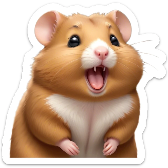 Cinematic Cute Yawning Brown Hamster Portrait Emoji, Head tilted slightly with a dramatic, wide-open yawn, showcasing a smooth, rich brown fur with tiny droopy ears, round dark eyes barely open in drowsy contentment, Simplified yet irresistibly adorable features, highly detailed, glowing with a soft, cozy glow, high shine, relaxed yet expressive, stylized with a touch of whimsy, bright and endearing, soft glowing outline, capturing the essence of a sleepy yet affectionate hamster, so drowsy it feels like it could stretch out of the screen and curl up for a nap! sticker