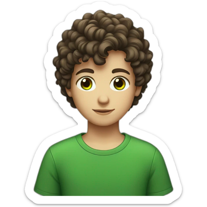 Young boy with short brown curly hair and black tee shirt and green eyes sticker