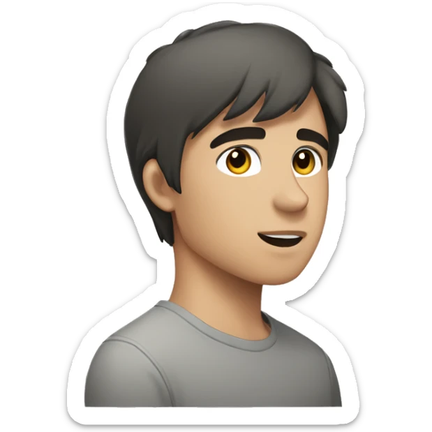 18 year old, male, brunete, short sideways fringe, grey tshirt, white pale sticker