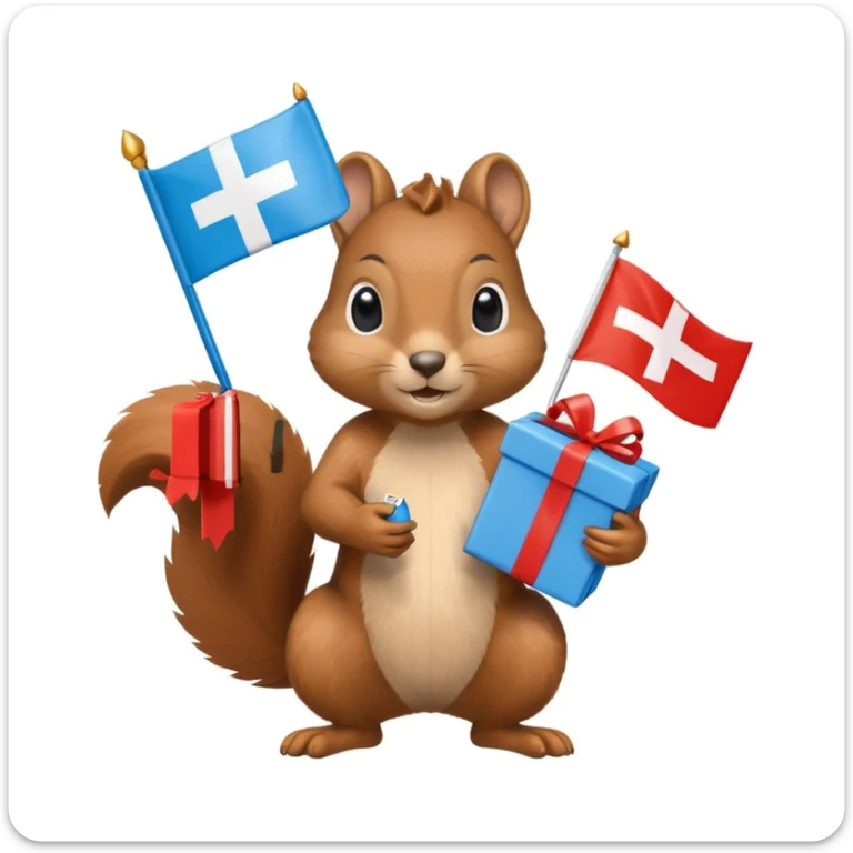 a squirrel holding a blue gift box in one hand and a Swiss flag in the other, both objects clearly visible, simple white background, the gift is a different color from the flag sticker