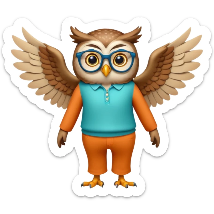 friendly anthropomorphised owl with wings instead of arms, colourful pants and shirt, wearing glasses, walking upright, unique pose 2 sticker