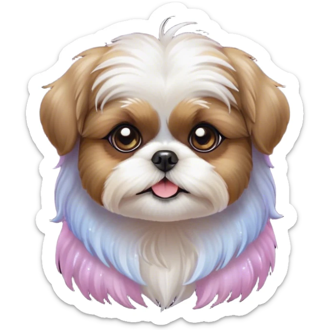 Cinematic Cute Shih Tzu Portrait Emoji, Head playfully tilted with large, sparkling eyes and a fluffy, endearing fur in gentle, pastel tones, simplified yet irresistibly charming, highly detailed, glowing with a warm, cuddly radiance, high shine, radiating affectionate and joyful energy, styled with a soft, playful outline, capturing the essence of a cute Shih Tzu that seems destined to charm everyone in its path! sticker