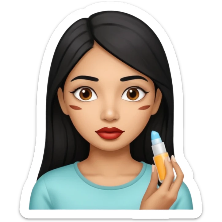 A gorgeous indian with black hair women applying lipbalm on her brown lips sticker