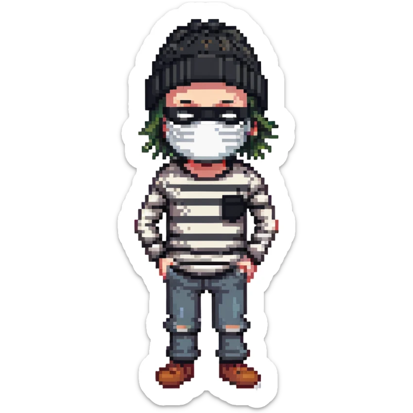 character with black and white striped shirt, black beanie, black mask over eyes sticker
