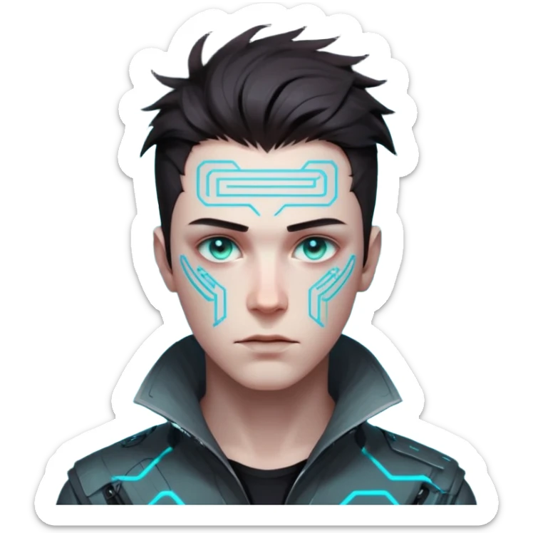 Cyberpunk male head, messy dark hair, glowing circuit patterns tracing from neck to temple, eyes reflecting shifting neon code, clean-shaven, futuristic minimalist aesthetic. sticker