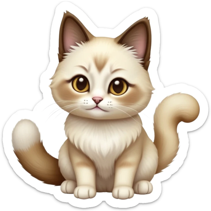 cinematic-[snowshoe cat]-realistic-full-body-sitting-emoji,-tail-curled-playfully-around-its-paws,-head-tilted-dramatically,-fluffy-[siamese]-fur,-simplified-yet-realistic-focused-features,-highly-detailed,-glowing-with-an-almost-sarcastic-glow sticker