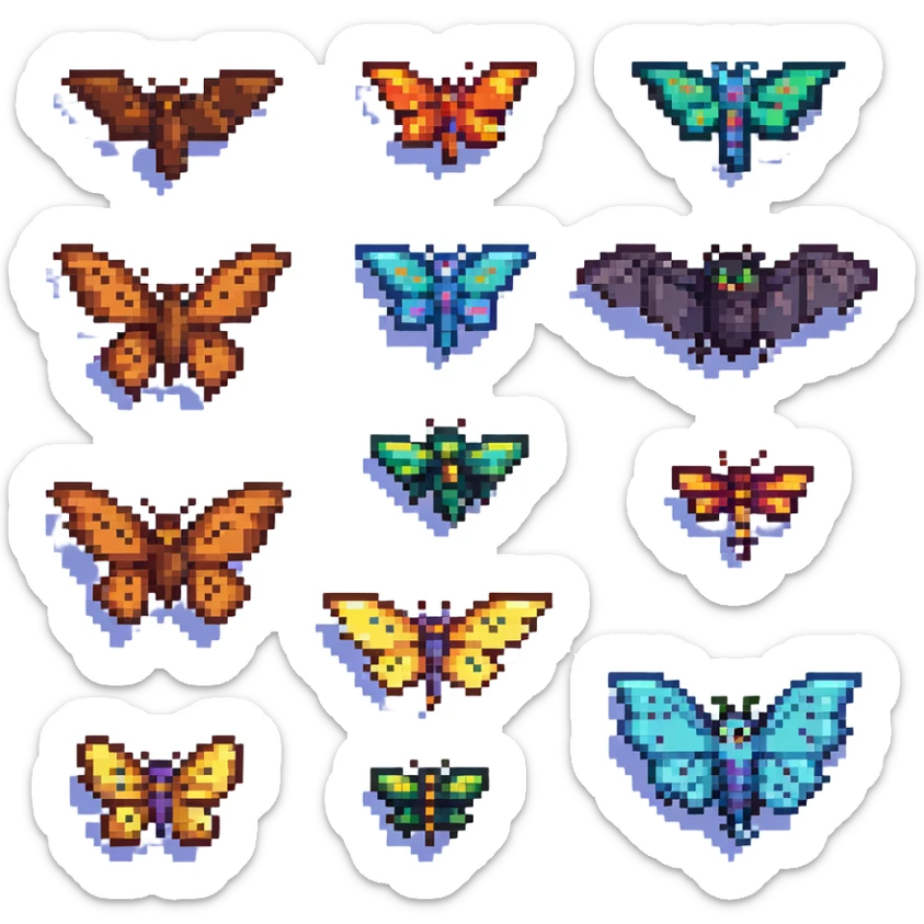 a lineup of winged animals including a bird, bat, butterfly, and dragonfly in pixel art style sticker