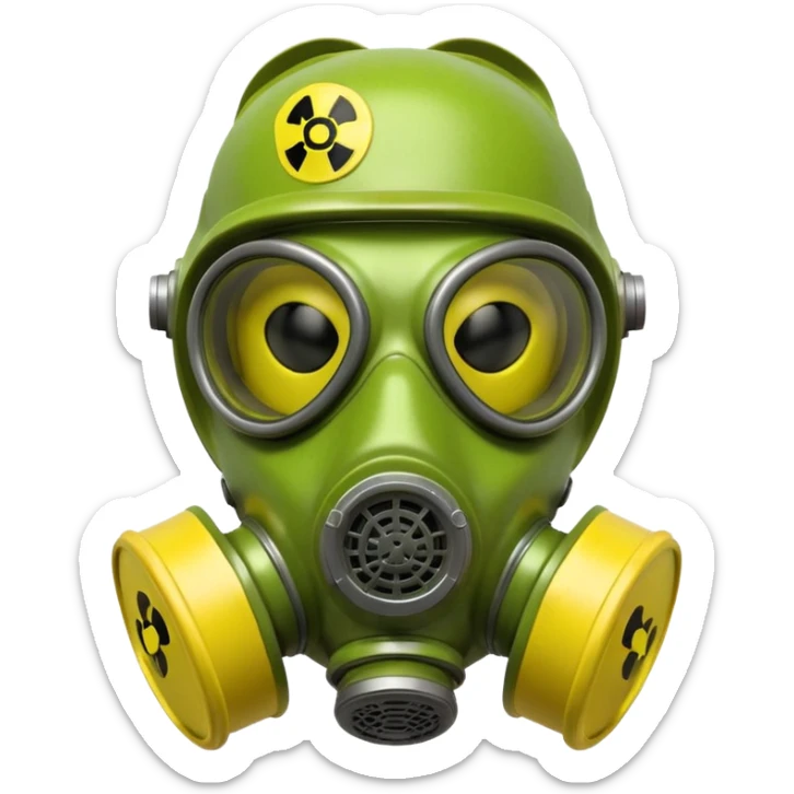 3D render of Gas Mask, toxic waste aesthetic, neon green bubbling liquid, caution yellow metal, industrial warning texture, Apple emoji style, isolated on white background --v 6.0 sticker