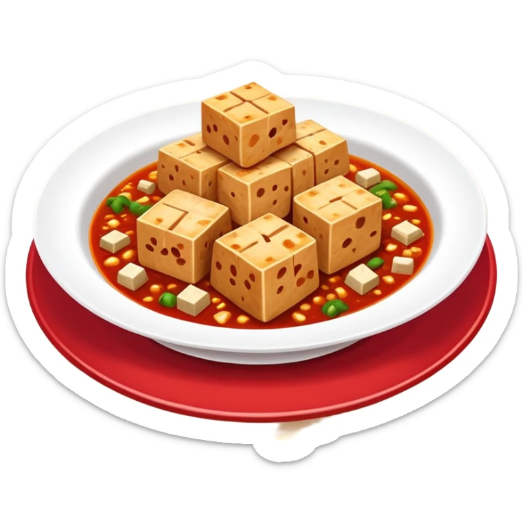 Sichuan mapo tofu spicy red dish with tofu cubes, simplified emoji style with bold outlines and bright colors, cartoon style Chinese tofu dish sticker