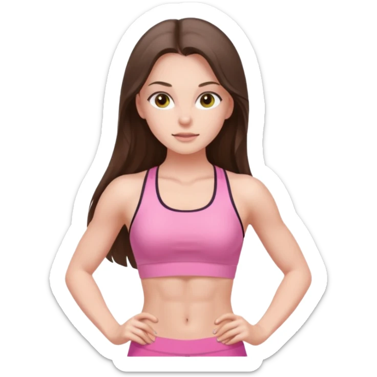white brunette girl long hair with hazel eyes in light pink workout with abs sticker
