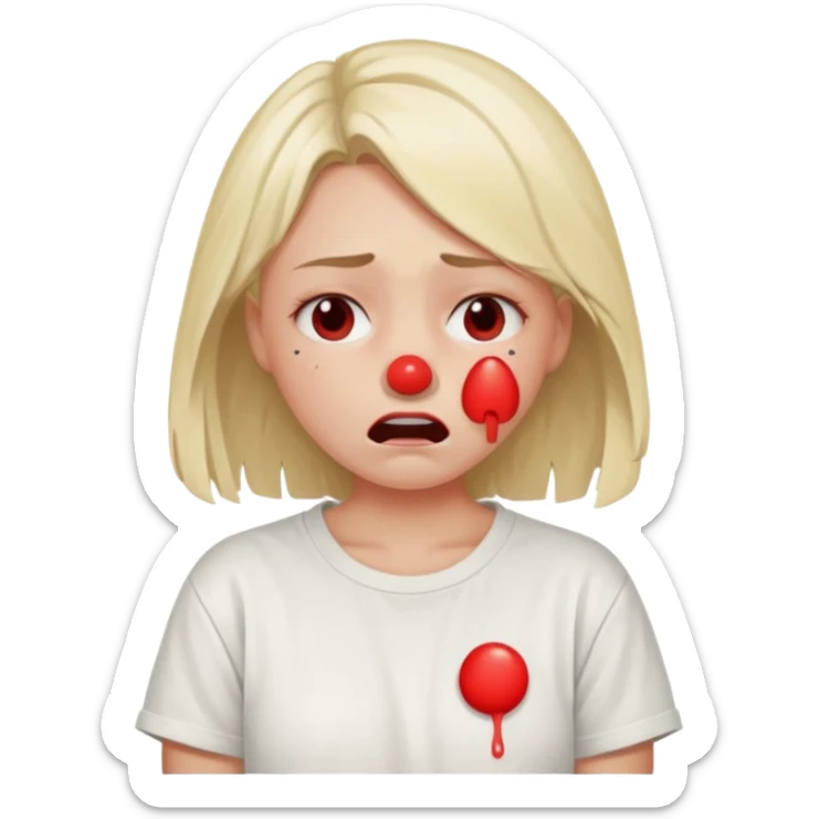 a pretty bratz fair girl crying with a red nose from crying in a loose oversized off white tshirt  sticker