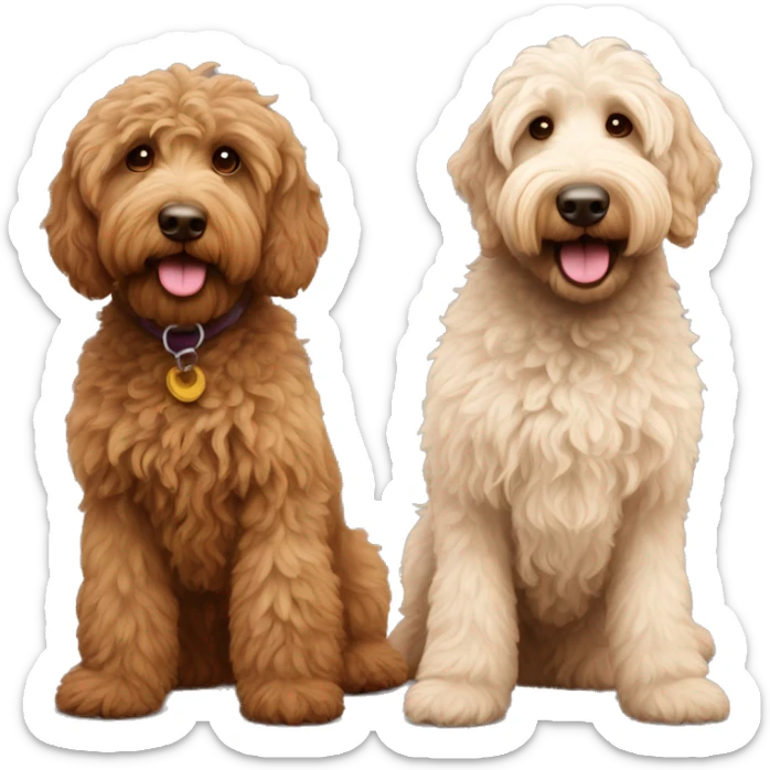 1 tan color and 1 brown color labradoodles standing next to each other  sticker