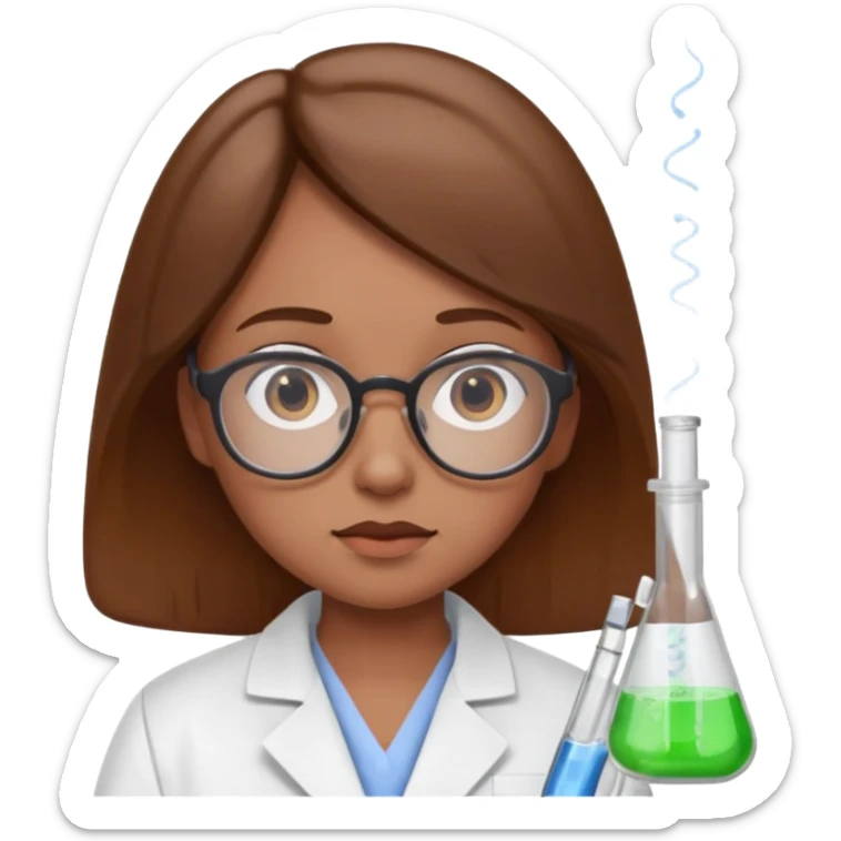 Portrait of a young scientist wearing a white lab coat, glasses, holding a test tube, curious expression sticker