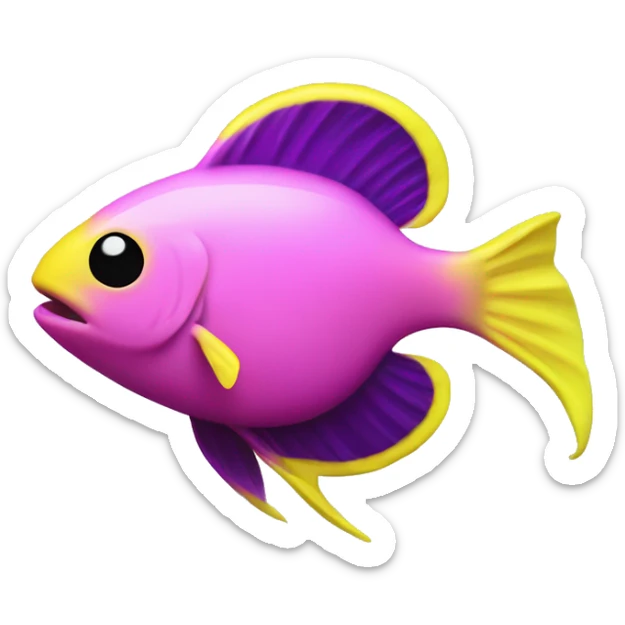 tiny fish with purpleish pink front face and half front of body, neon yellow back half and black dot on top fin sticker