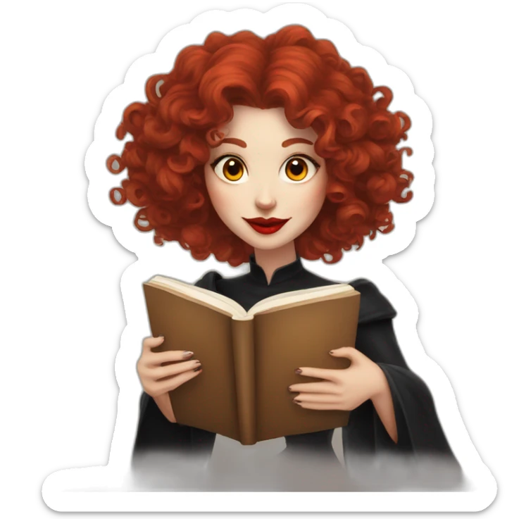 a witch with red lips, red curly hair to the shoulders reading a book and drinking a cup of coffee sticker
