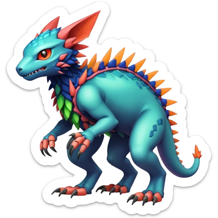  colorful warm-colored hot lush exotic modern cyber-Fakémon-Digimon-Trico-Vernid-creature (full body) sticker