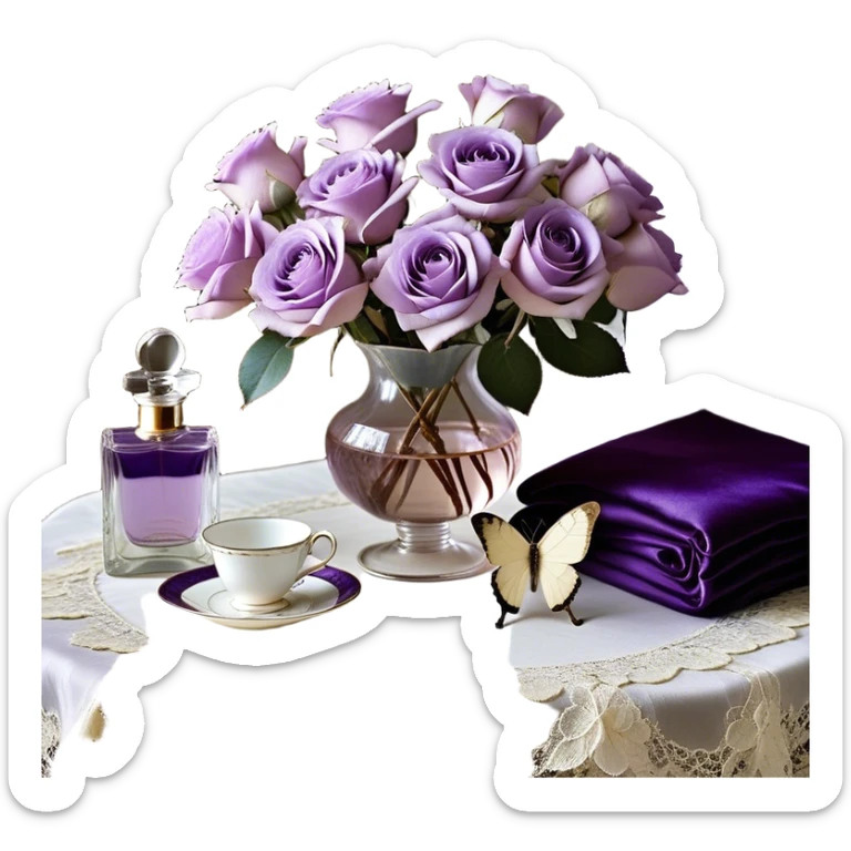 A dreamy, ethereal composition set in soft natural light: a lavish bouquet of light violet Ascott tea roses sits atop a vintage lace-covered table, their petals exuding a subtle fragrance. A deep purple satin throw adds contrast, its texture rich and luxurious. A graceful lavender butterfly hovers delicately above, as if drawn to the scene. An ivory silk ribbon, artfully tied into a loose bow, rests beside a beautifully designed pearl-colored vintage perfume flacon, its glass reflecting the surrounding hues in an elegant glow. sticker
