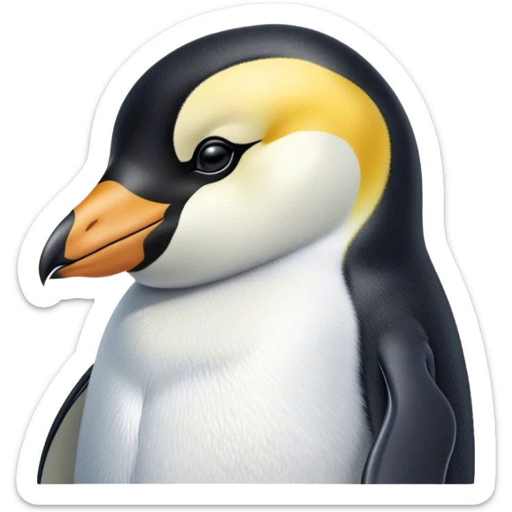 Meme-Worthy cute Sleeping Emperor Penguin Portrait Emoji, Head resting peacefully with a contented smile, showcasing luxuriously soft feathers and a serene, slumbering gaze, Simplified yet hilariously adorable features, highly detailed, glowing with a soft, drowsy polar light, high shine, relaxed and utterly lovable, stylized with an air of playful laziness, bright and heartwarming, soft glowing outline, capturing the essence of a comically sleepy emperor that feels destined to become the next viral sensation of adorable rest! sticker