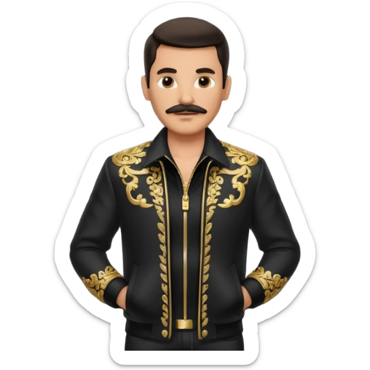 man with dark slicked-back hair, mustache, ornate gold and black jacket, black shirt, hands in pockets, confident pose sticker