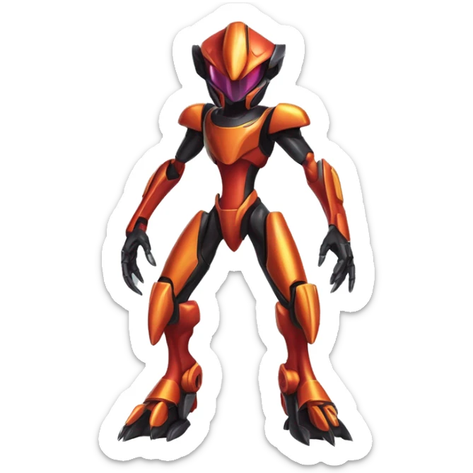 a shiny metallic black-red-orange Genesect-Flygon-Raptor-Fakémon-Medabot-hybrid with a futuristic visor-helmet full body sticker