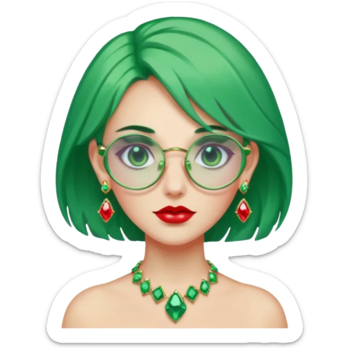 gem lover woman with gem accessories excessive amount gem glassess very big gem earrings green hair and red diamonds sticker